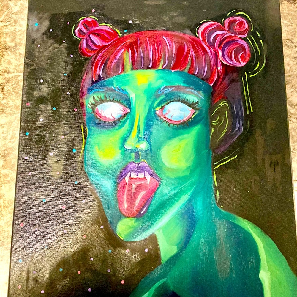 Original Abstract Alien girl painting 20x16 in Psychedelic bright painting